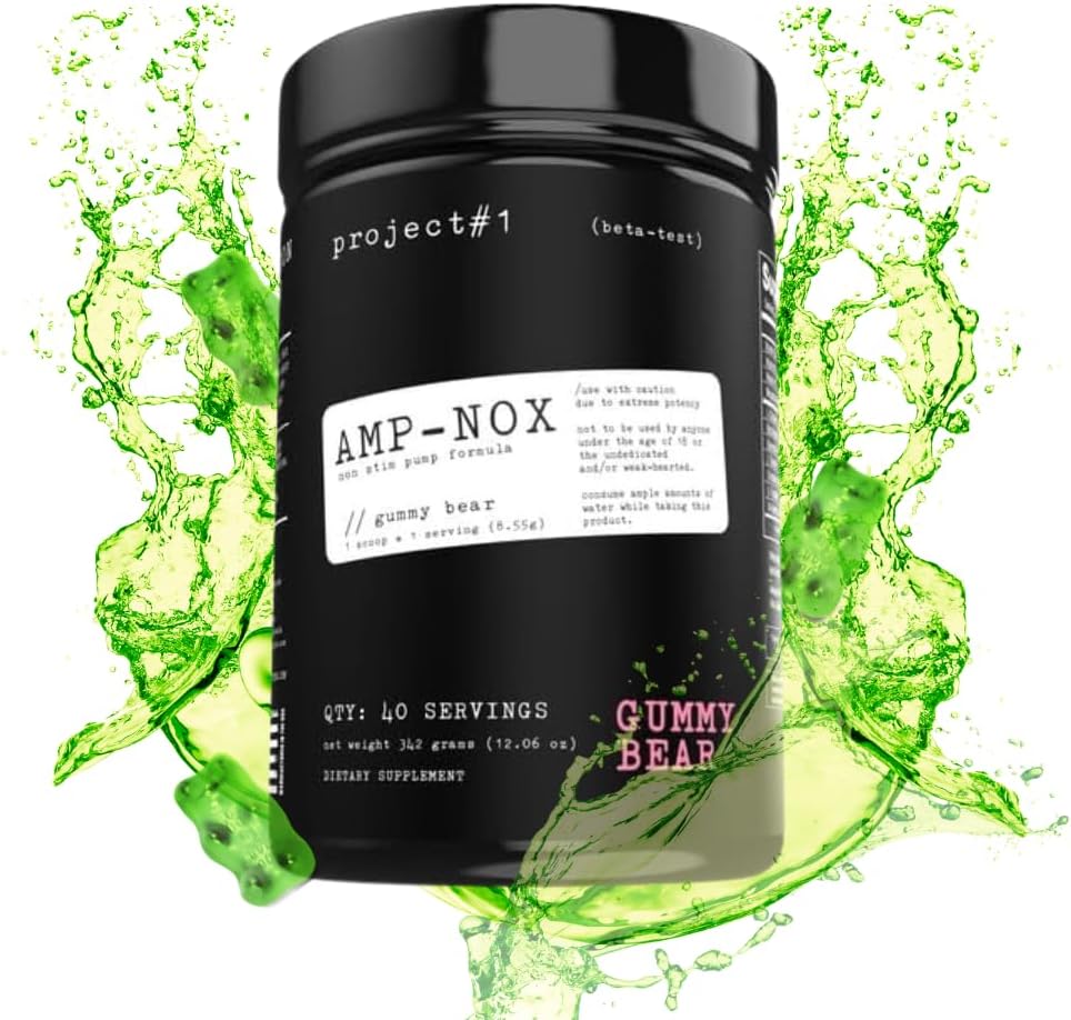 Projekt #1 AMP-NOX: Ne-Stim Pre Workout Powder - Boost Focus, Pump, & Energy - Kofein Free Protein Drink z aminokislinami za moške in ženske - Gummy Bear Flavor - 40 Servings