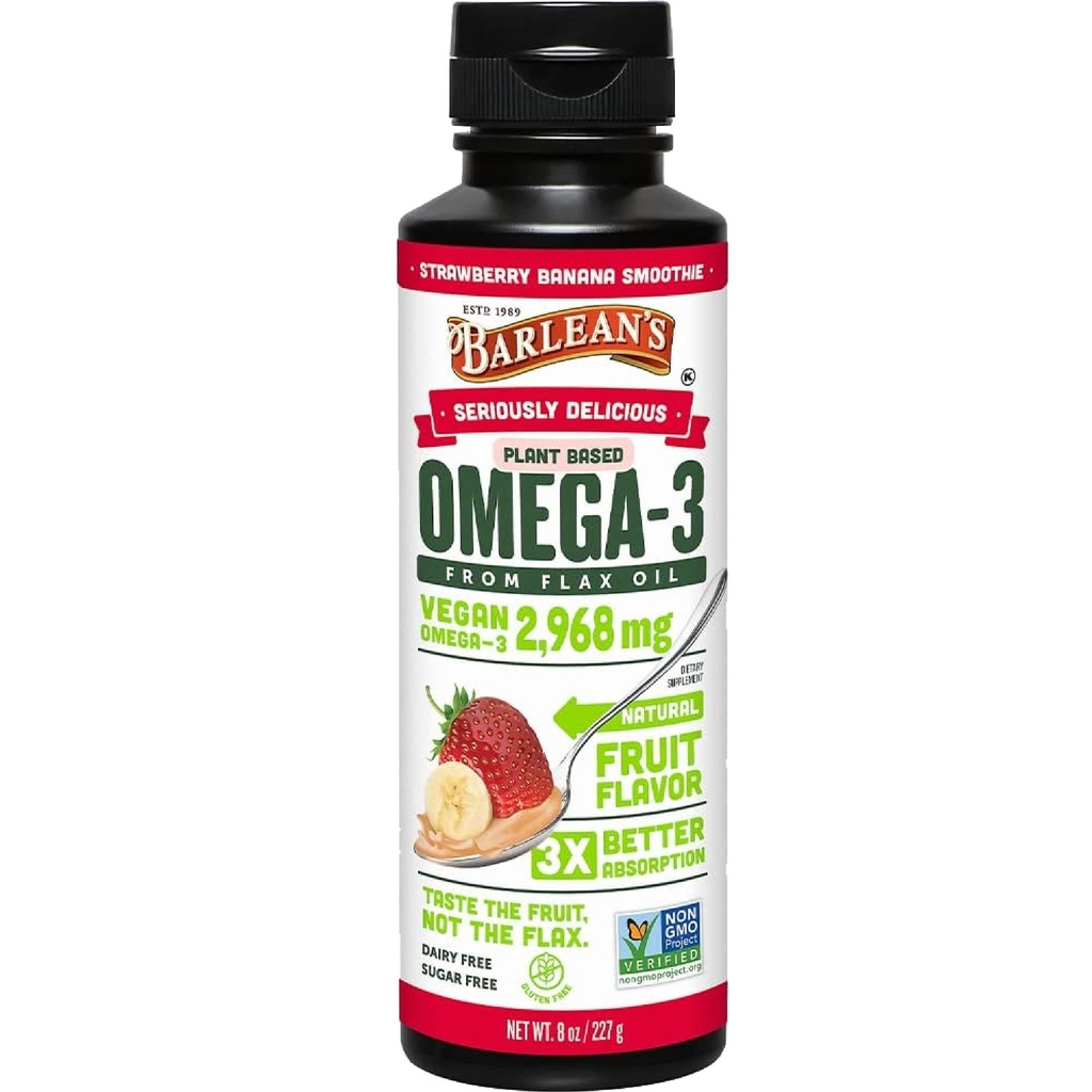 Barlean's Jagode Laneno olje Banane Liquid, Vegan Omega 3 6 9 Dopolnila za otroke in odrasle iz hladno stisnjenih Laneno olje z 2.968 mg Veganske Omegas, Non-GMO & Gluten Free, 8 oz