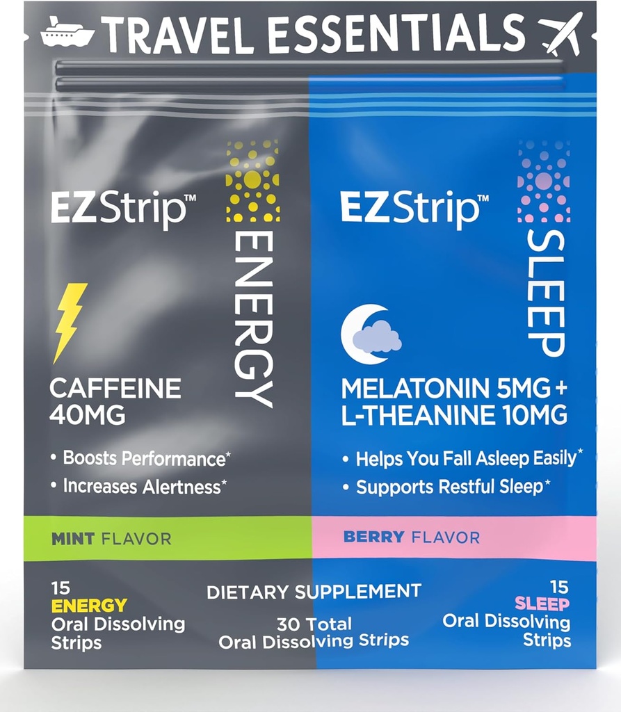 Potovalni paket z energijo in spanje dopolnila - 30 Count - Prenosni paket s kofeinom trakovi za energijo in melatonin stripi za podporo spanja med potovanjem - Izdelano v ZDA, sladkor & Gluten brezplačno