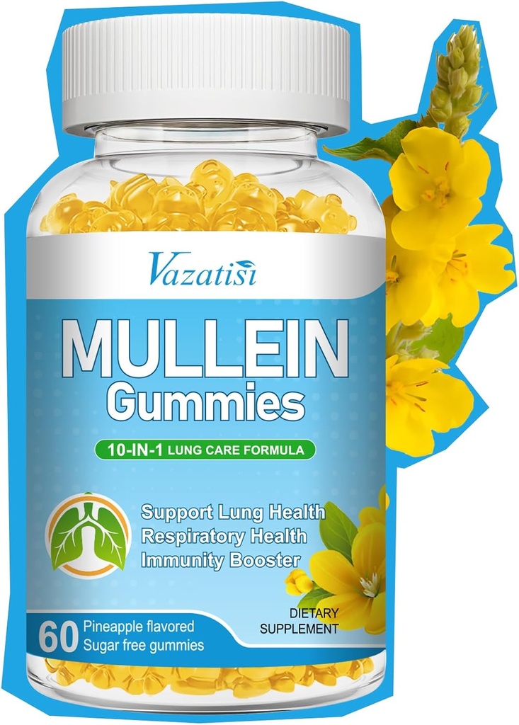 10 v 1 Mullein Gummies za pljuča, Mullein Leaf Extract z Bromelain, Quercetin, Magnezij - Podpora Lung čiščenje za zdravo dihanje, 60ct