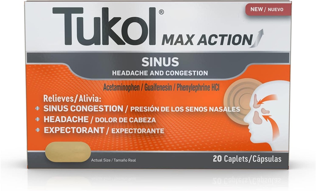 TUKOL Max Action Sinus, prezasedenost in pritisk kape za bolečino, glavobol olajšava, pričakovanje, nezadržen, 20 število