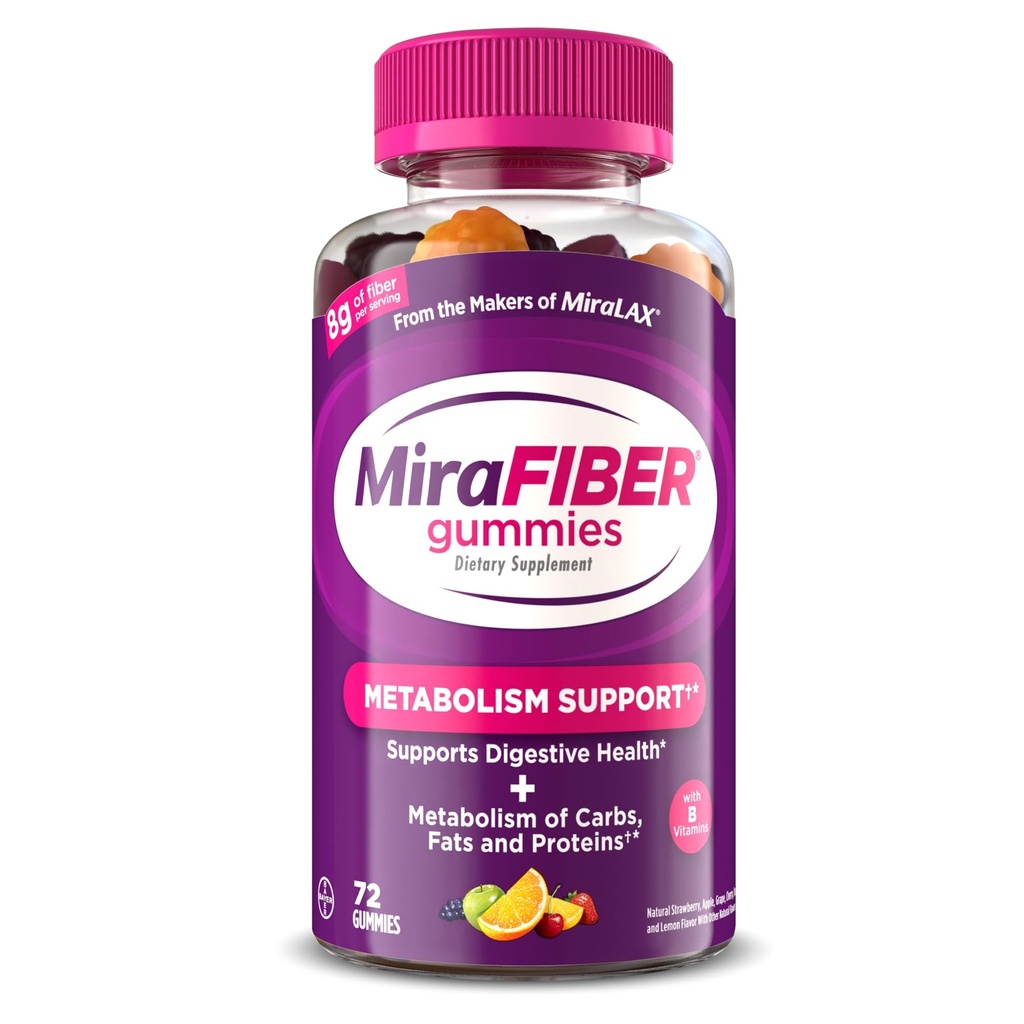 MiraFIBER Gumies iz ustvarjalcev MiralaX, 8g dnevne vlaknine na strežbo, metabolična podpora z B vitamini, Gut Zdravje za moške in ženske, Prebiotične Fiber Gumies za odrasle, mešane sadne arome 72Ct