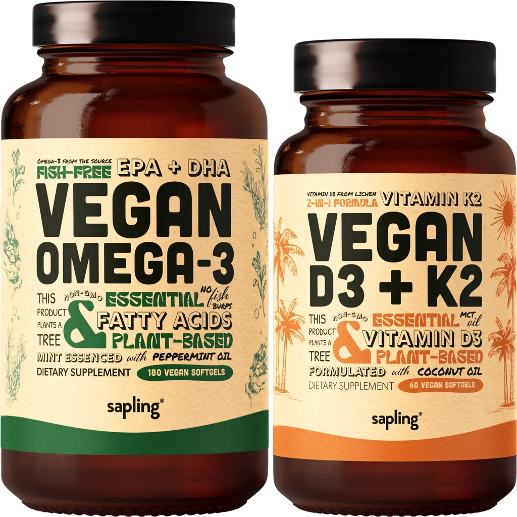 Vegan Omega 3 180 Softgels & Vegan Vitamin D3 + K2 dodatek paket - Nasadne DHA & EPA maščobne kisline, 4000 i.e. vitamin D3 in 100mcg Vitamin K2 kot Mk7 - Tapioca Softgels