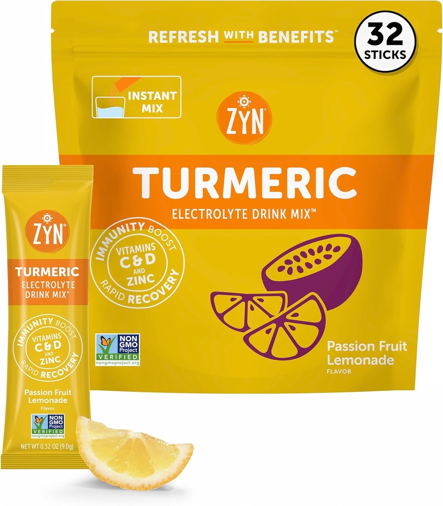 ZYN Elektrolitski pijača Mix Hidracijska embalaža, Passion Fruit Elektroliti Powder, Hidracijska embalaža w/turmerni kurkumin, vitamin C & D, cink, hidrat in recover Elektrolitni prašek, pakiranje 32