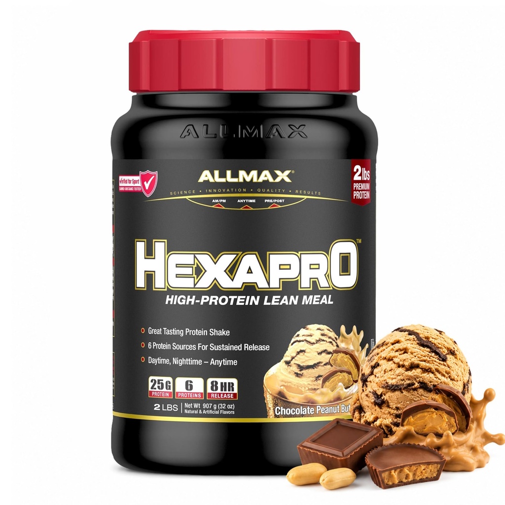 ALLMAX HEXAPRO, čokoladno arašidovo maslo - 2 lb - 25 gramov beljakovin na postrežbo - 8-urna release - nič sladkorja - 21 postrežbe