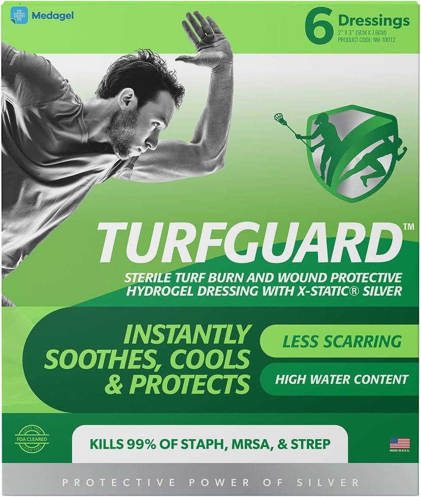 TURFGUARD Hydrogel Turf Burn Oblačenje z X-Static Silver – Relief za hlajenje, FDA Očistiti, Protimikrobna zaščita, & Vlažen obliž za opekline in rane, 2" x 3" Oblačila, 6 Pack, z Medagel