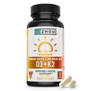 Zhou D3+K2 - Vitamin D3 K2 dodatek za ženske in moške, Imunska podpora Vit D3 in K2 dopolnila, Pure Vegetarian Formula s 5000 i.e. D3 in MK-7 - 60 Veggie kapsule (Pack po 1)