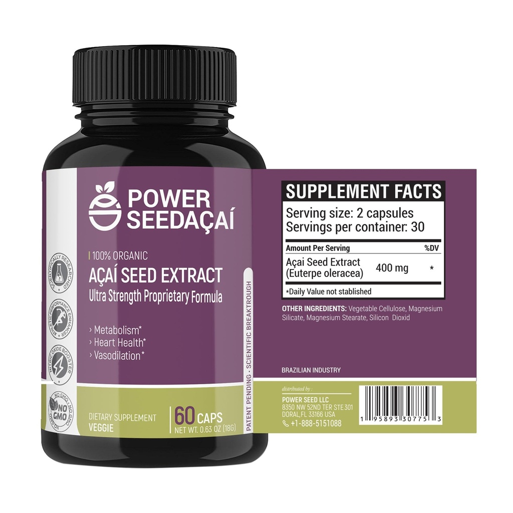 Moč semen Acai - Dušikov oksid Booster. Podpira pretok krvi, ravni sladkorja v krvi, metabolične funkcije in energije. Super močan antioksidant. Brez kofeina. Patentirana Formula 