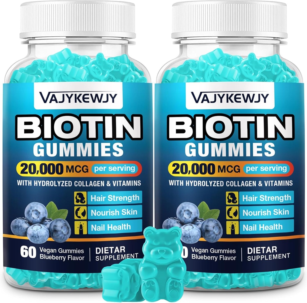 2 Pack Vegan Biotin Gummies za lase, kožo in nohte - 20.000 mcg na strežbo, primeren za ženske in moške - 120 Gummies