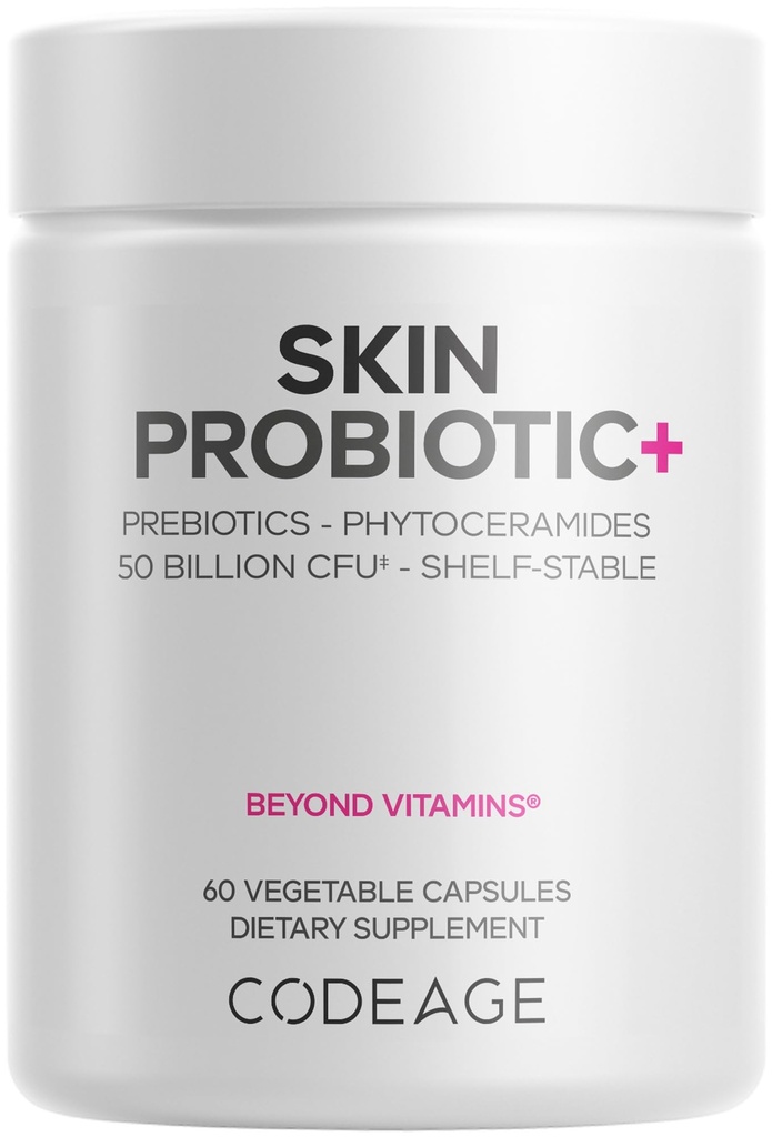 Kode Kožni probiotiki + Prebiotiki - Nega kože Rutinski dodatek - 50 milijard CFU - Ajurvedski botanični zelišči - obrazni probiotiki - povoj Stable Cleanser, Non-GMO, Vegan - 60 kapsul