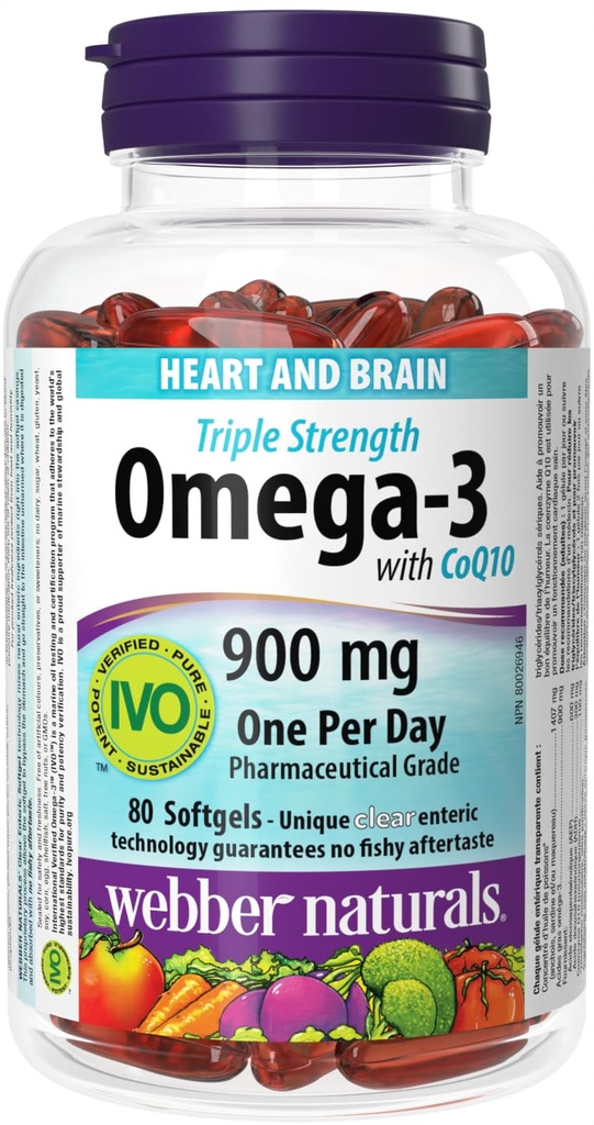 Webber Naturals Triple Strength Omega-3 with CoQ10 enteric coated 900 mg Omega-3 (EPA • DHA)/ 100 mg CoQ10, 80caps