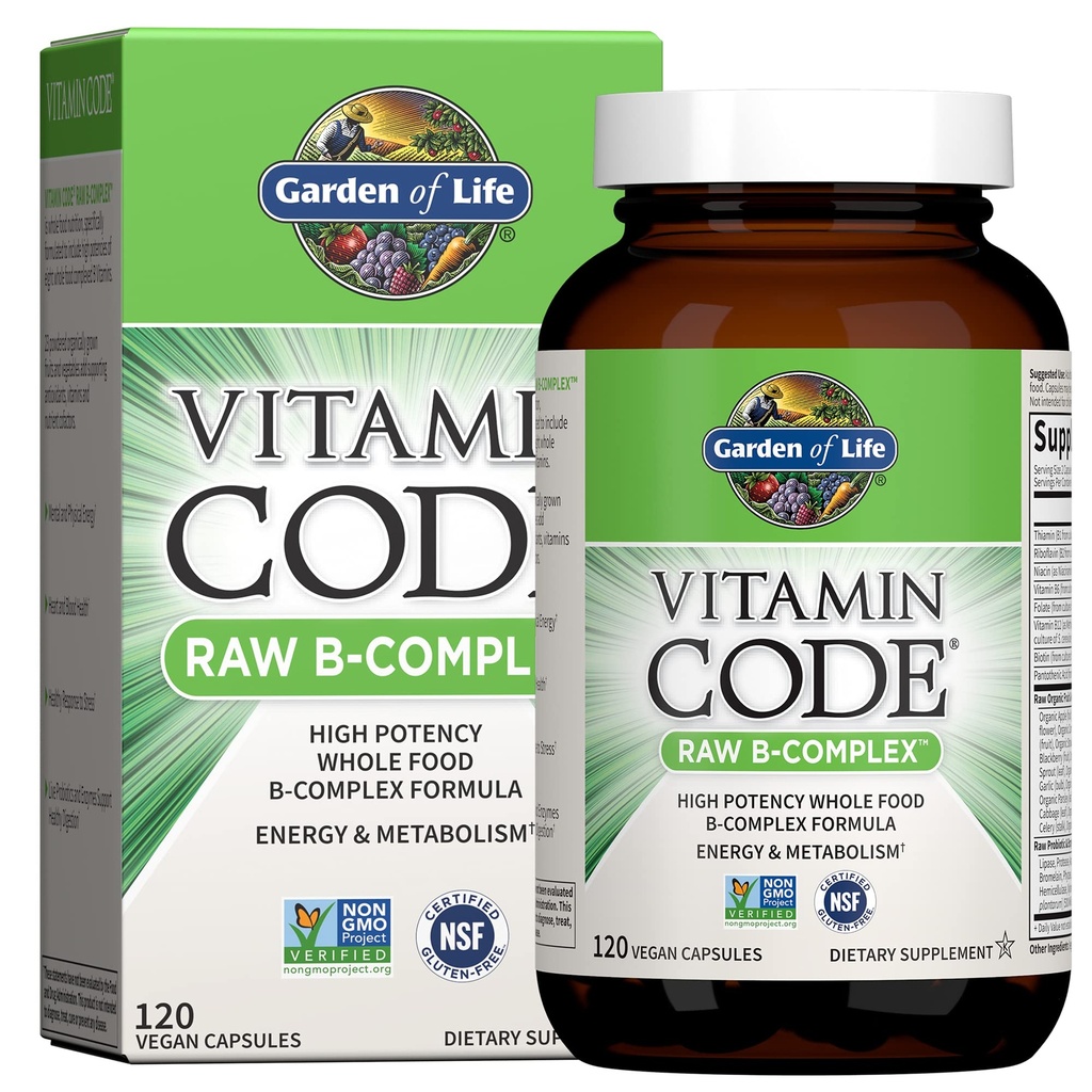 Vrt življenja Vitamin B Complex, 120 Veganske kapsule, Visoka moč Vitamini za energijo in presnovo z B6, Folat & B12 kot metilkobalamin Plus probiotiki