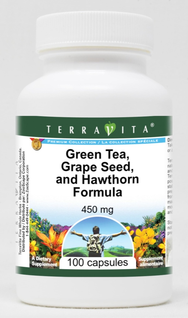 Podpora visokemu krvnemu tlaku - zeleni čaj, grozdno seme in hawthorn - 450 mg (100 kapsul, ZIN: 517080)