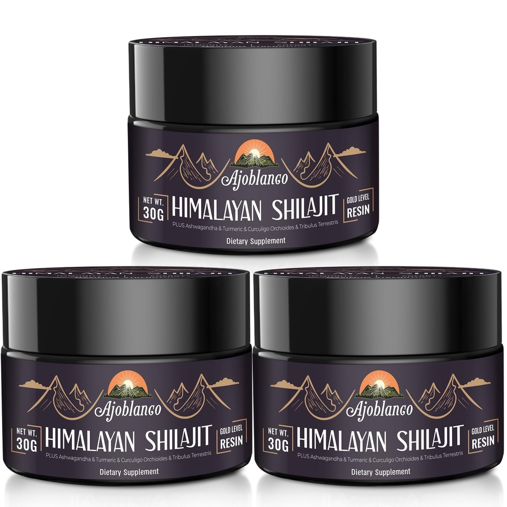 Ajoblanco 600mg Naravni Himalajski organski Shilajit Resin - himalajsko zlato Shilajit Resin z organsko ajurvedsko mešanico v visoki moči za energijo, moč in imuniteto, paket 3