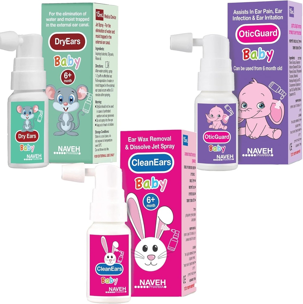 NAVEH PHARMA Vsi izdelki za dojenčke (posušena ušesa Baby, Otic Guard Baby, Čista ušesa Baby) 1UNIT X 0,5 Fl Oz + 2 Enota X 1 Fl Oz ENT LINE