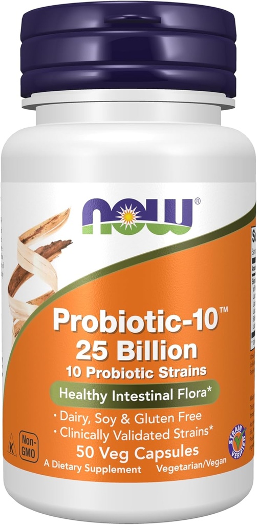 NOW Foods Supplements, Probiotic-10TM, 25 milijard, z 10 Probiotic sevi, Mlekarna, soja in gluten brez, sev preverjen, 50 Veg kapsule