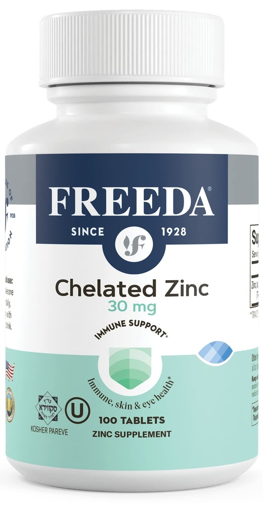 Freeda kelirani cink 30mg – TRAACS® cinkov biglicinat za visoko absorpcijo – Vegan, Košir, Nežen na želodcu – Imunska podpora za odrasle, moške in ženske – 100 majhnih tablet