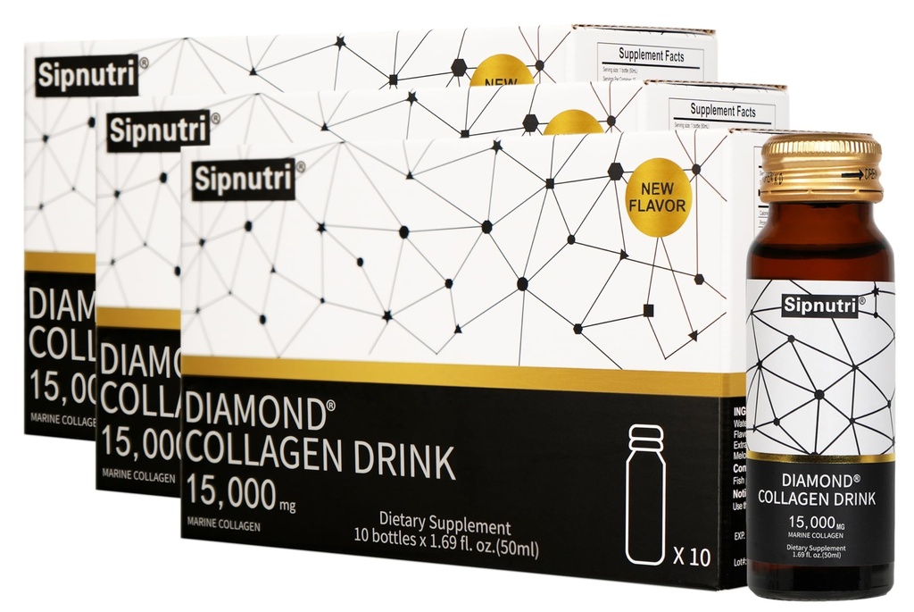 Diamond Liquid Collagen Drink, 15000 mg Hidrolizirano Marine Collagen Peptide z vitaminom C, Granatno jabolko, Zdrave lase Kožni nohti Kosti Podpora, 50 ml x 10 steklenice (3 škatle)
