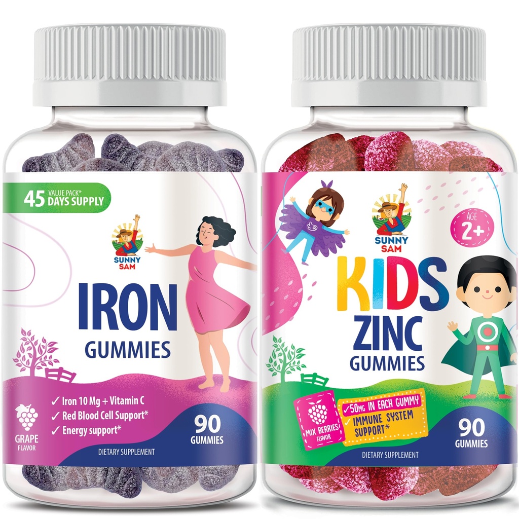 SUNNY SAM Cinkove žvečilke za otroke in železne žvečilke za odrasle, železovi vitamini z vitaminom C