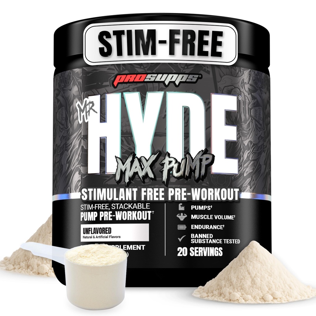 PROSUPPS Hyde Max Pump Pre Workout Powder - Stim-free Preworkout podpira pretok krvi, mišične mase in vzdržljivost - Kofein-free dušikov oksid Gym & Fitness dopolnila (nearomated, 20 Servings)