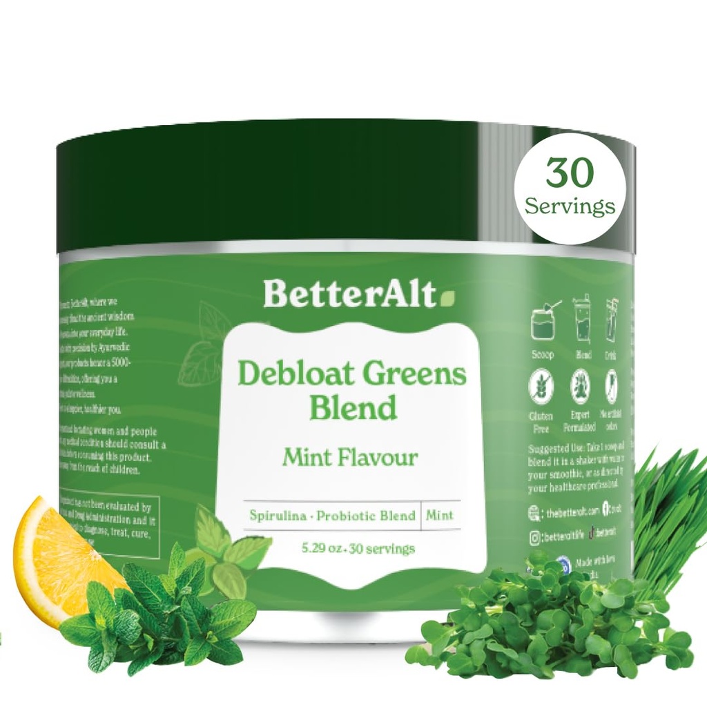 Better Alt Greens Powder, Detox & Debloat s 15 Super Greens Mešanica Spirulina, Moringa Powder, Wheatgrass, Pre & Probiotics, pakirano z antioksidanti, Mint Flavor, No Maltodekstrin, 30 Servinga