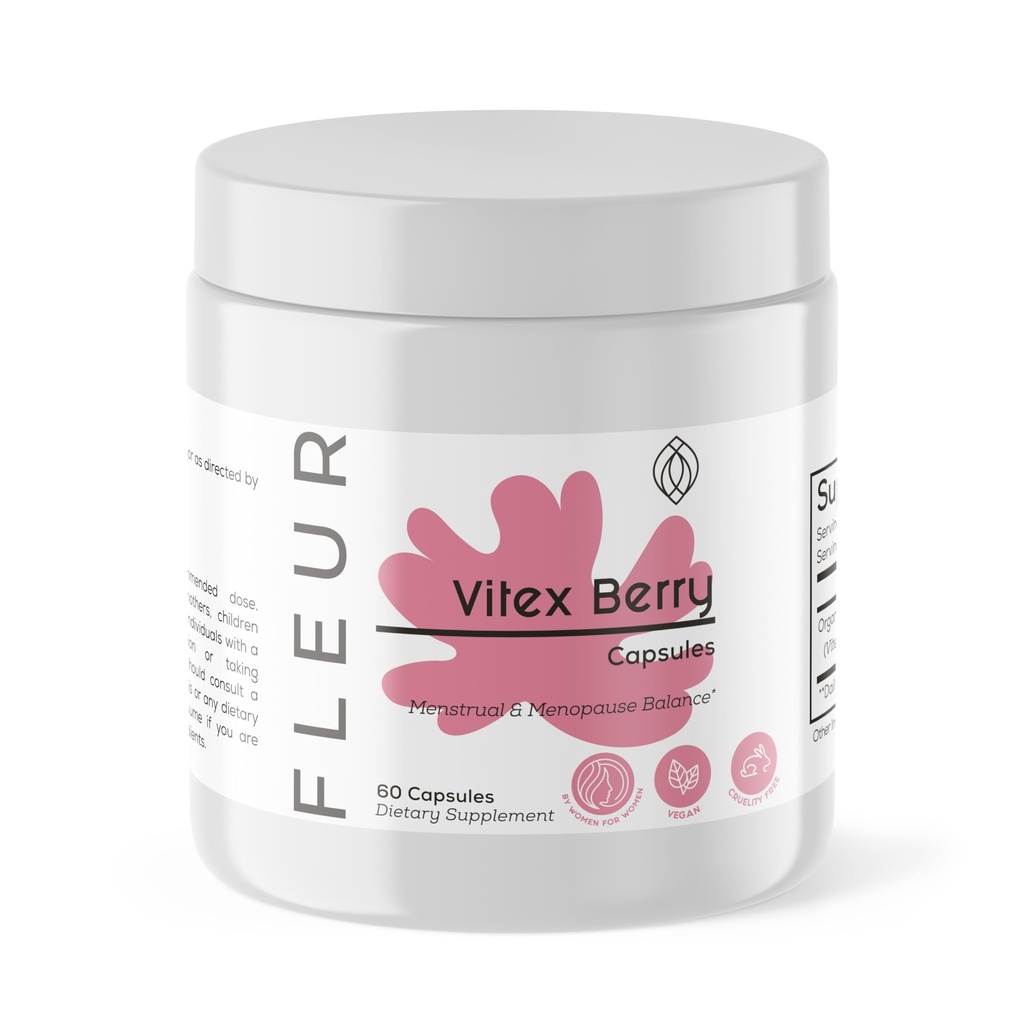 FLEUR Kapsule Vitex, Vitex Chasteberry za hormonsko ravnotežje za ženske, PCOS dodatek pomaga ohraniti progesteronsko raven za podporo menstrualnega cikla, plodnost in PMS podporo, 500mg, 60Ct