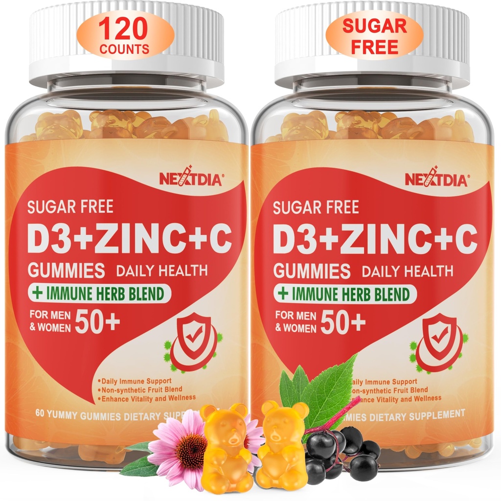 Brez sladkorja Vitamin C + D3 + Cink Gumiji za odrasle 50 +, 9 v 1 Imunska obramba dodatek z D3 5000IU, Elderberry, Echinacea, Mullein List za povečanje imunitete, moč antioksidant, Vegan (Pack z 2)