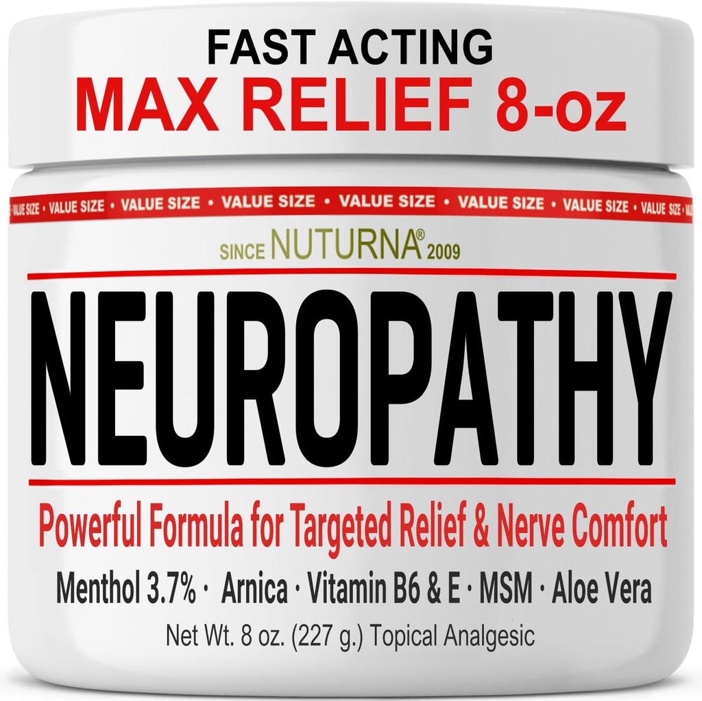 Nevropatija Nervo Relief Cream - hitro delujoč Max Relief za noge noge nožne nožice nazaj - Ultra moč Menthol Arnica Aloe Vera MSM, Pomirjujoče naravno živec Comfort Relief, Super velika 8 oz