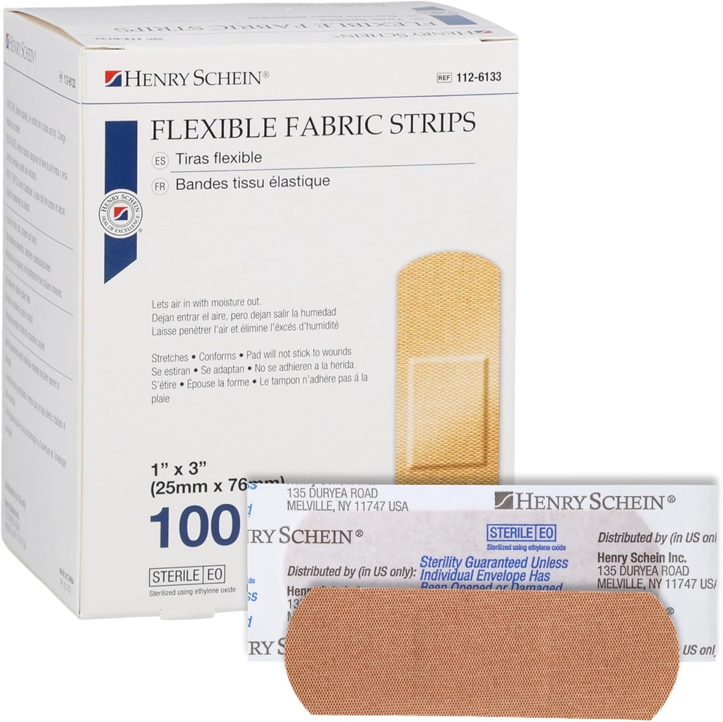 Henry Schein Sterilne Lepljive tkanine Bandages, 1" x 3" – Box 100 Fleksibilne, dihalne trakove – mehko, raztegljivi plašči rane za prvo pomoč, medicinska uporaba, klinike in kompleti za nujne primere