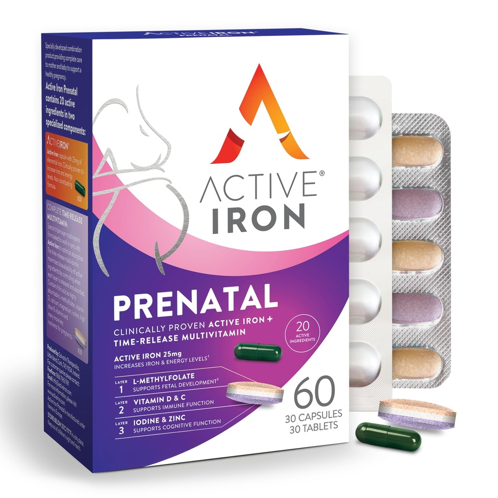 Active železov prednatal, železov dodatek + prednatalni vitamini za ženske, 30 nezaporne kapsule + 30 time-release multivitamini, nosečnost, dojenje in poporodni esenciali