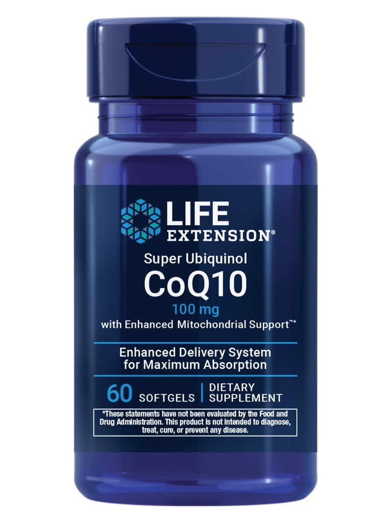 Life Extension Super Ubiquinol CoQ10 z izboljšano mitohondrijsko podporo, Potent Heart Health & Celular Energy Production Support, Ultra-absorbable, Gluten-free, Non-GMO, 100 mg, 60 kapsul