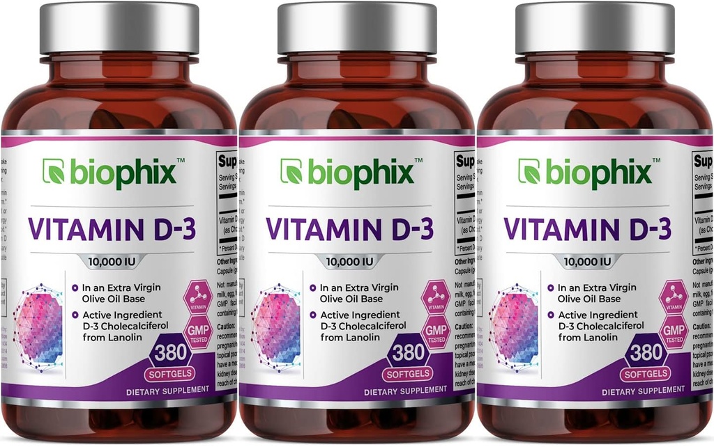 Biophix Vitamin D-3 10000 i.e. 380 Softgels 3 Pack - Visoka stopnja tveganja za ekstra deviško oljčno olje Ne-GMO Soy-free podpira imuno zdravje močnih kosti