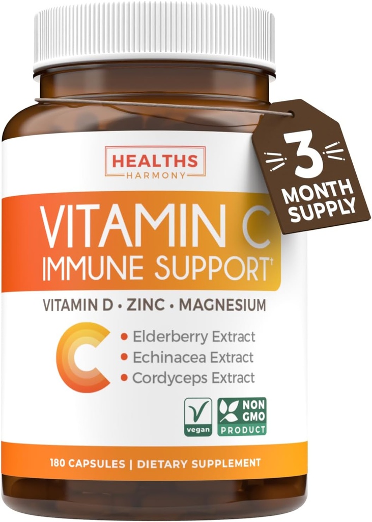 Vitamin C Imunska podpora dodatek - Imune Boost mešanica z bezgavki Vitamin C in cink za dnevno in sezonsko podporo - Magnezijev cink VIT C & D in zeliščni obrambni kompleks (3 mesecev dobave)