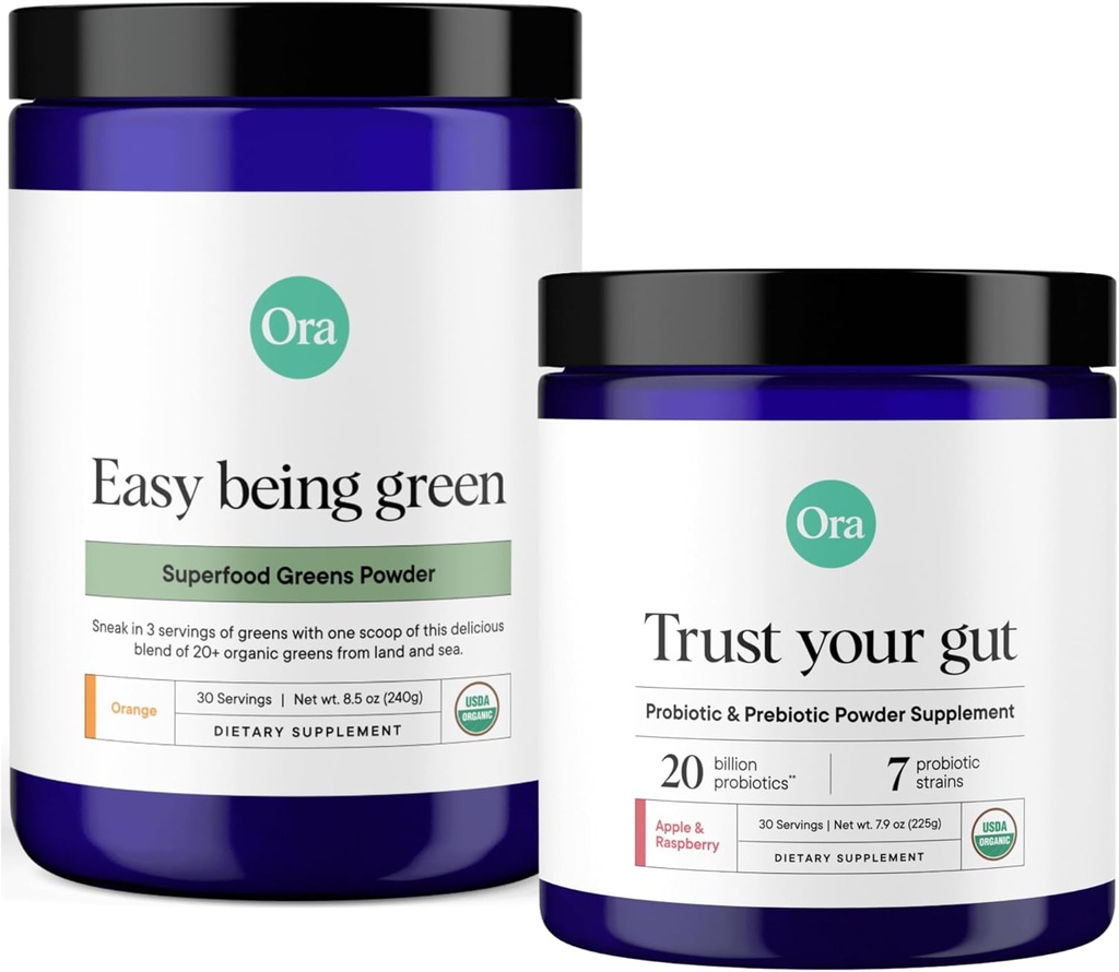 Ora Organic Prebiotic & Probiotic Powder & Greens Powder Bunded: 20 milijard probiotik, Apple & Raspberry Flavor, 30 Servings & 20+ Superfood Greens Mešanica - Citrus Flavor, 30 Servings