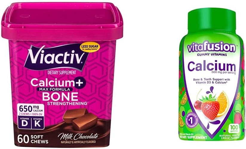 Viactiv Calcium Chews 60 Count & vitafusion Calcium Gummy Vitamini 100 Count - Kalcijevi dodatki za podporo kosti in zob