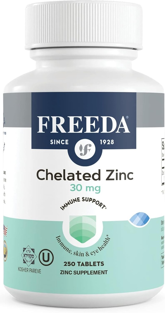 Freeda kelirani cink 30mg – TRAACS® cinkov biglicinat za visoko absorpcijo – Vegan, Košir, Nežen na želodcu – Imunska podpora za odrasle, moške in ženske – 250 majhnih tablet