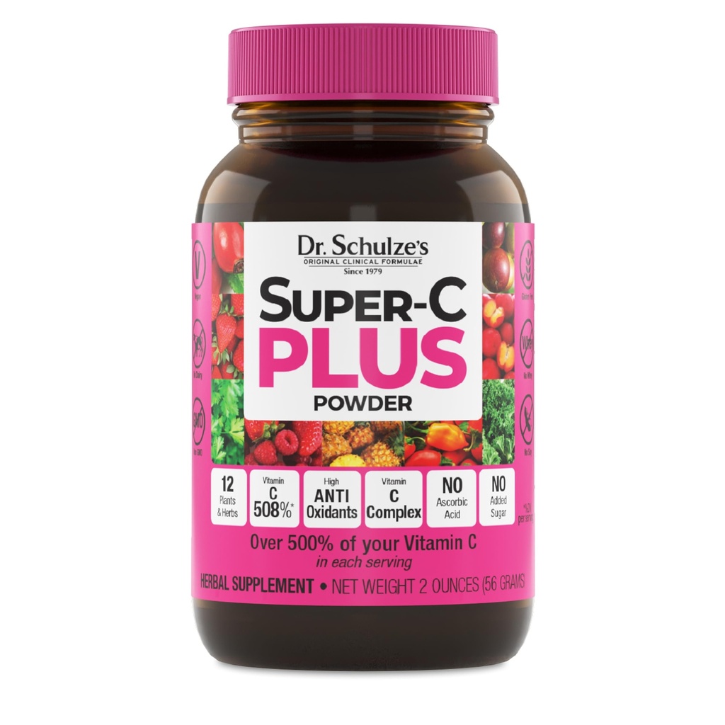 Super-C Plus Dr. Schulze - Dodatek vitamina C za podporo imunskemu zdravljenju - Kožna in antioksidantna podpora - Formula visoke potenosti - Rastlinska superhrana - Gluten-free & Vegan - 2 oz (20 Servingov)