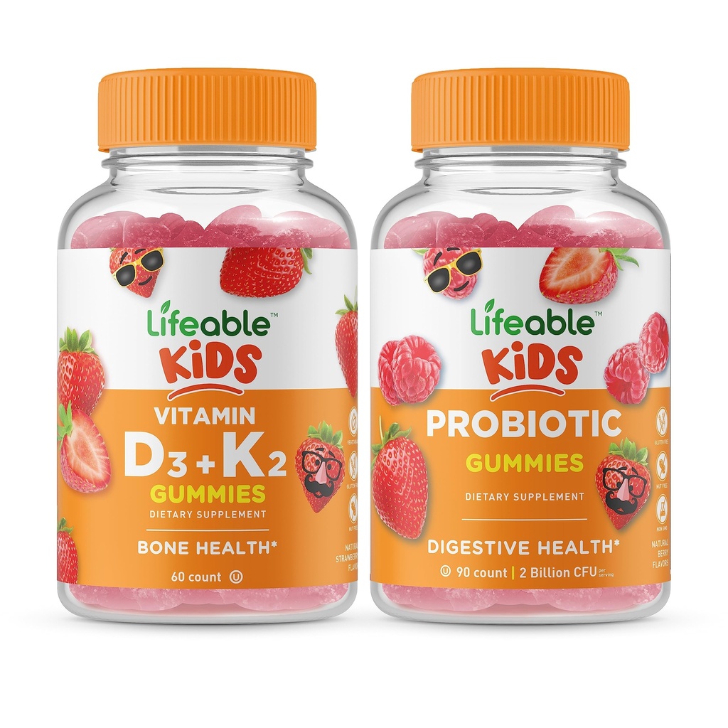 Življenjski vitamin D3 + vitamin K2 Otroci + probiotik 2 milijarda CFU otroci, Gummies Bundle - odličen okus, Vitamin dodatek, Gluten brezplačno, GSO brezplačno, Žvečljivi gumi