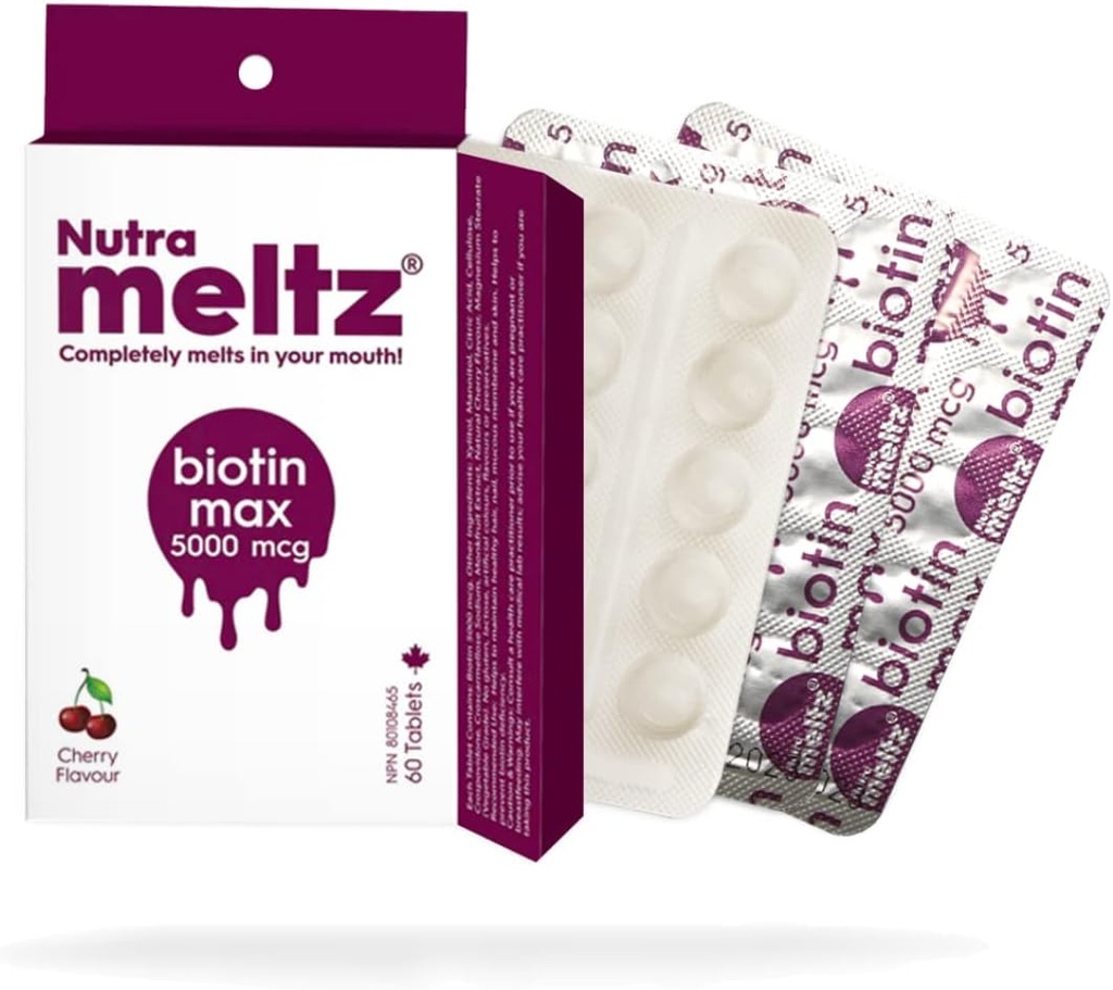 Nutra talinez Biotin 5000 mcg – Podpira rast las, spodbuja zdrave nohte in gladko kožo hitro raztapljanje tablete za pomanjkanje Biotin – Cherry Flavor (60 tablet)