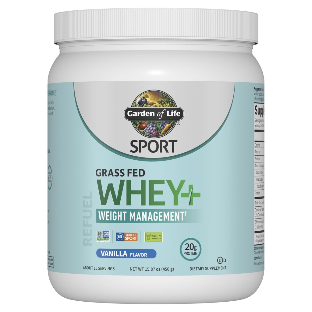Vrt življenja Sport Whey Plus upravljanje teže z Amino energijo - 20g beljakovinski izolat hranilne trave za ženske in moške - vanilija v prahu - z Capsimax, 2 milijardi CFU probiotikov, O 15 Serving