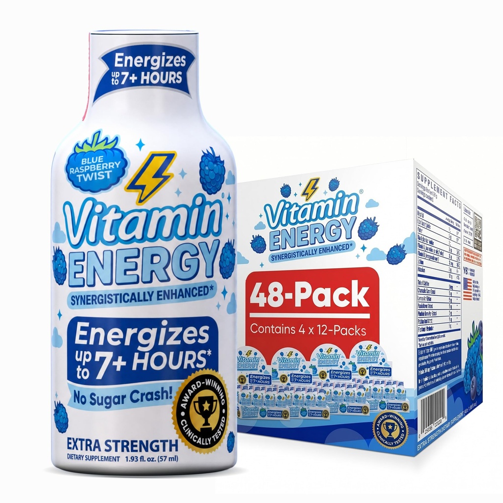 Vitamin Energy Immune+ Ekstra moč Energija Shot Blue Raspberry 48 Pack, 260mg Naravni kofein, B-Vitamini, Citicoline, Zeleni čaj, Immuniteta & Focus Podpora, Nič sladkorja, Gluten-free 1,93 fl oz