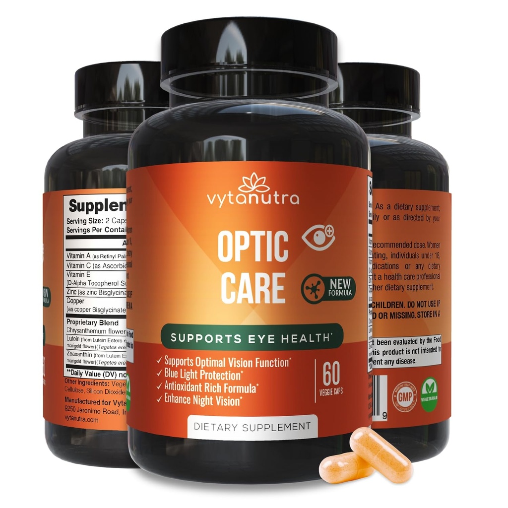 Optika Care Eye Vitamini – Lutein, Zeaksantin, Vitamini A C E, cink, baker, Krizantema & Goji – Antioksidant Micronutrient Formula za podporo vida – 3 PK