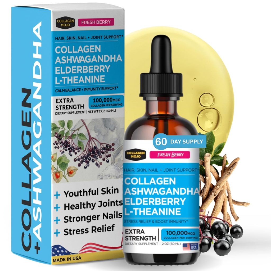 Kolagen Mojo - Tekoči kolagen za ženske in moške, kolagen Peptide z Ashwagandha, Elderberry & L-Theanine - lasje, koža, nohti, skupni in stres podpora, visoka absorpcija - 100.000mcg, 2 Oz