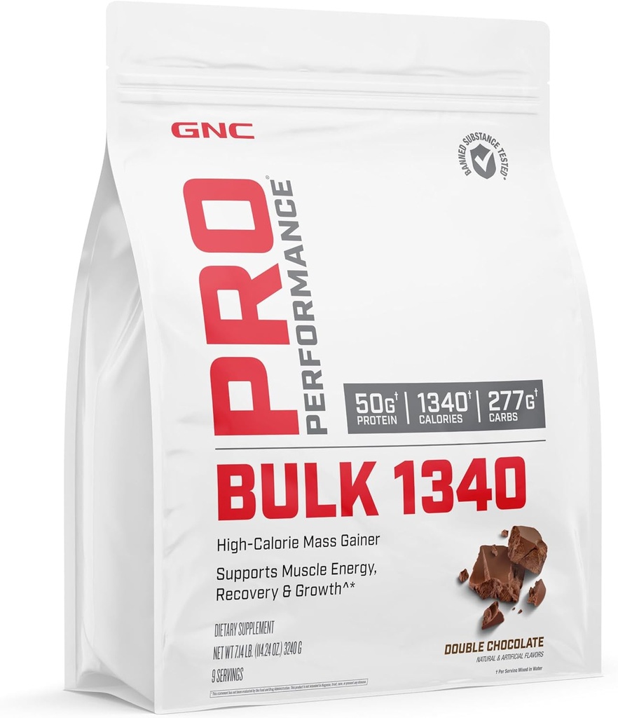 GNC Pro Performance Bulk 1340 Mass Gainer Protein Powder, 50g, Gluten Free, Whey, Kreatin, BCAA, 3. stranka Tested, Mišična regeneracija in rast, Mikrohranila, Dvojna čokolada, 9 Serving
