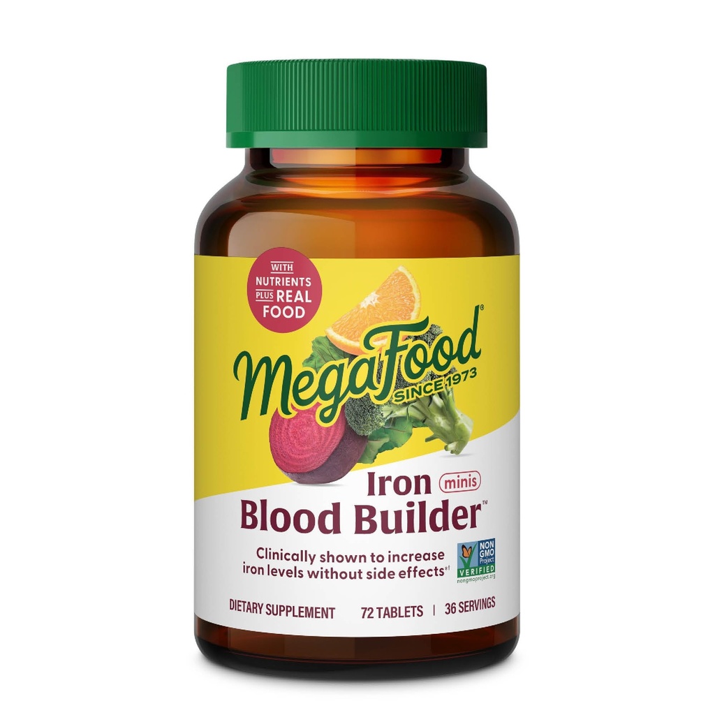 Megafood Blood Builder Železni dodatek za ženske & moške - povečanje ravni železa brez stranskih učinkov - Boj proti utrujenosti - Vitamin B12, Folna kislina & Vitamin C - Vegan - 72 Mini tablete (36 Serving)