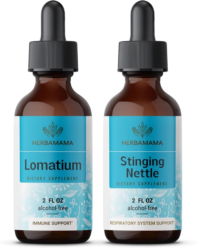 HERBAMAMA Zeliščne tekoče kapljice komplet - paket izvlečka korenin lomatija in tinktura koprive 2 fl oz - Vegan, Non-GMO, Sugar & Alkohol-free - 2 paket