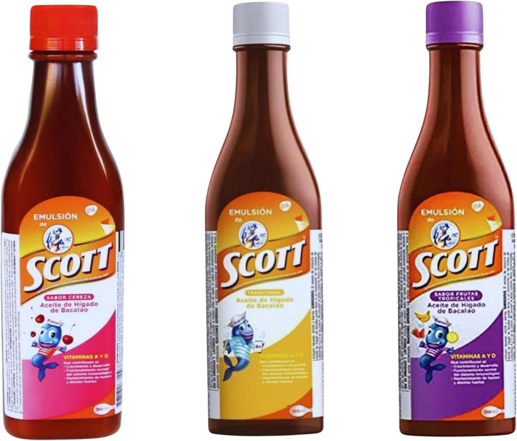 Emulsión de Scott 3 Pack Combo – Cod Jetrno olje (Traditional, Cherry, Tropical Fruit Flavors) - 180ml vsak