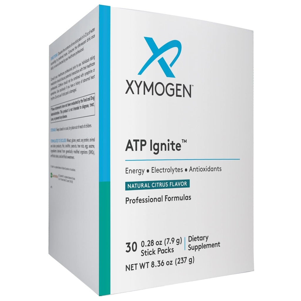 XYMOGEN ATP Vbrizgavanje Energijski napitek v prahu - Podpira zamenjava elektrolita + ATP Biosintezo z antioksidanti, Amino, vitamini, elektroliti + 95mg kofein (30 Citrus Pack Packs)