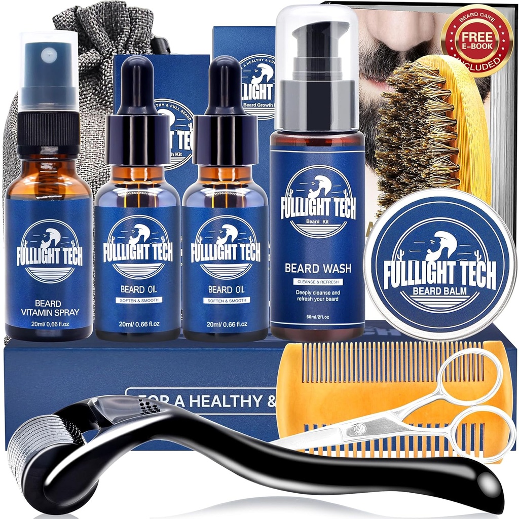 Beard Care Kit za moške-nourish soften krpasti medved W/Vitamin Spray,Mustache Oil,Balm, Wash,Boar Bristle Brush,Wooden Comb, škarje,Valentines Očetov darila za moške oče njegov mož prijatelj