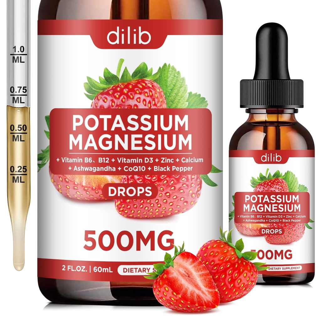 Kalijev magnezijev citrat dodatek, Tekoči magnezijev citrat kapljice 500mg z Ashwagandha, kalcij, cink, vitamin D3, B6, B12, CoQ10 - Podpora Calm & Bone & Muscle & Imune Health Vegan 2 fl oz